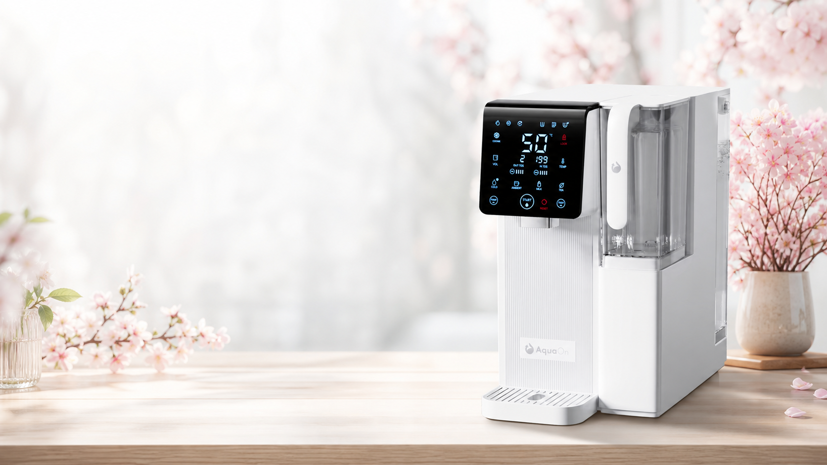 White Aquaon Aq100 countertop water purifier on a wooden surface with a blurred floral background