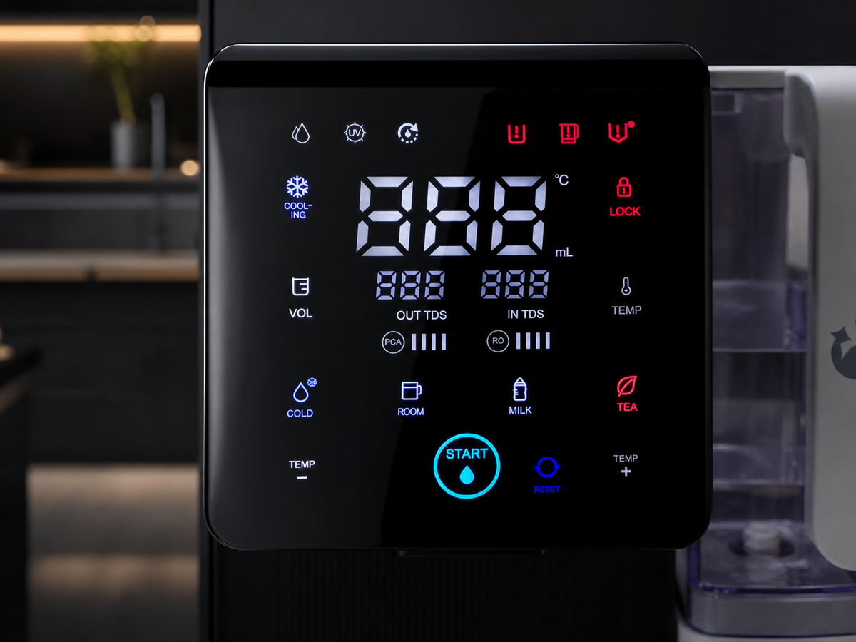 Digital display of a Aquaon Aq100 countertop water purifier with various controls and indicators.