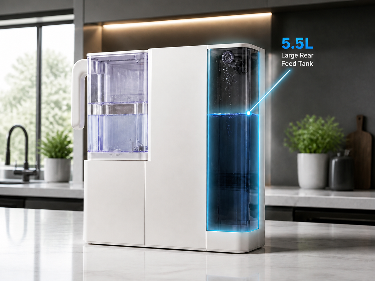 Aquaon Aq100 countertop water filter with a large rear feed tank, featuring a sleek design and blue lighting.