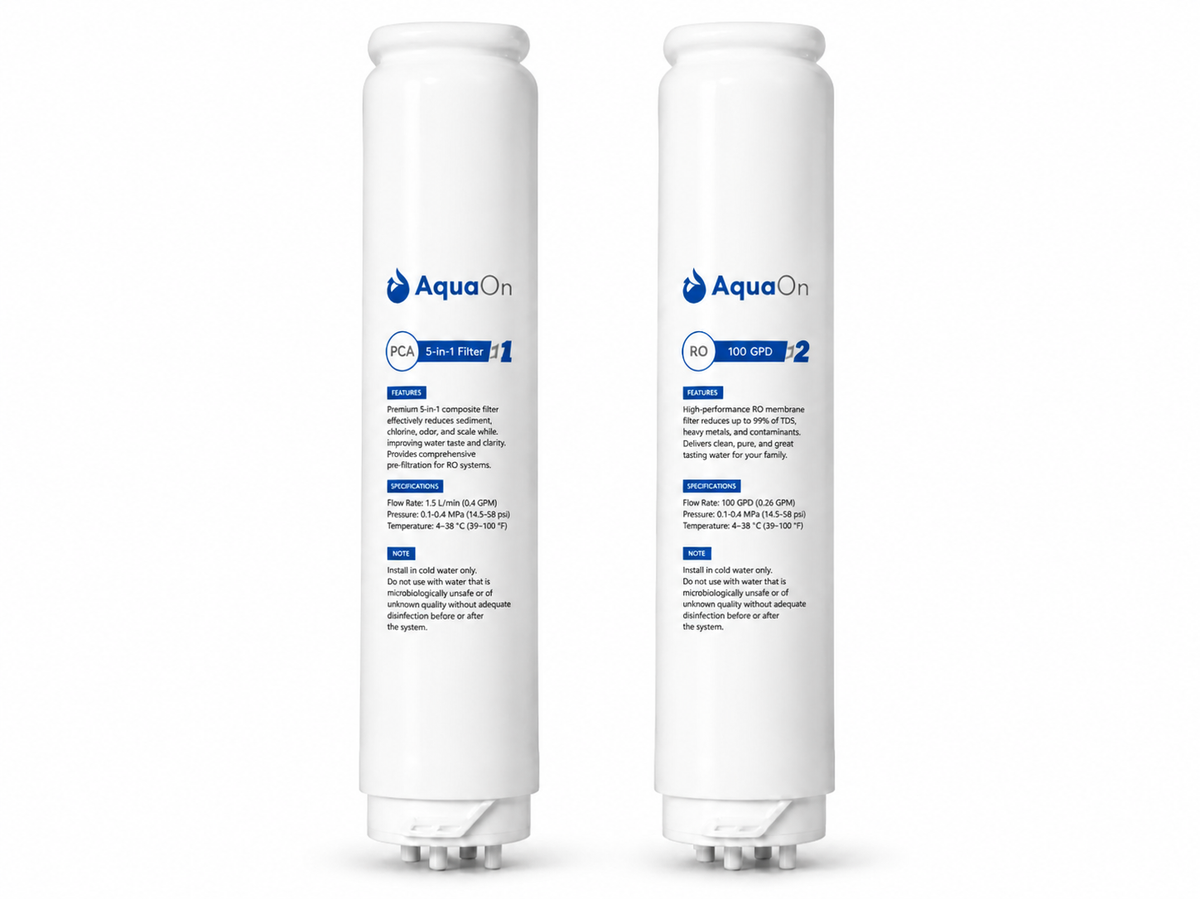 Two Aquaon water filter cartridges on a white background
