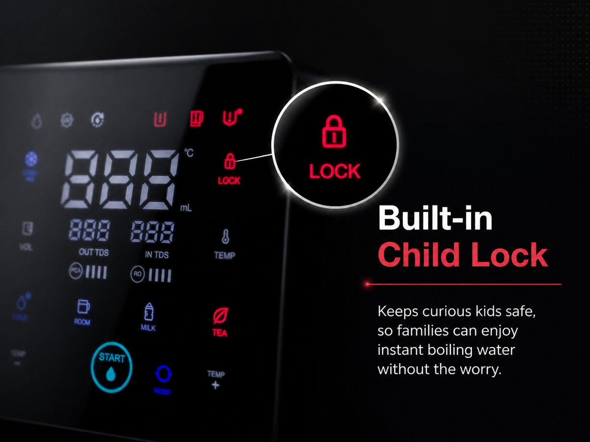 Aquaon Aq100 countertop water filter with digital display and child lock feature highlighted on a black background
