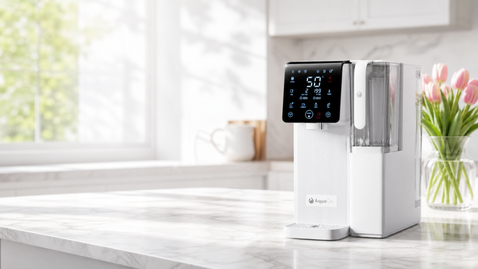 White Aquaon Aq100 countertop water purifier on a marble countertop with a blurred window in the background