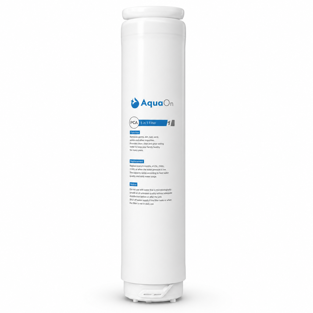 White aquaon aq100 water filter cartridge with AquaOn branding on a white background