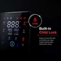 Digital control panel of a Aquaon Aq100 countertop water filter with child lock feature on a black background
