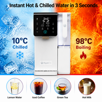 Aquaon Aq100 countertop water filter with temperature display, surrounded by images of hot and cold water, and examples of beverages.