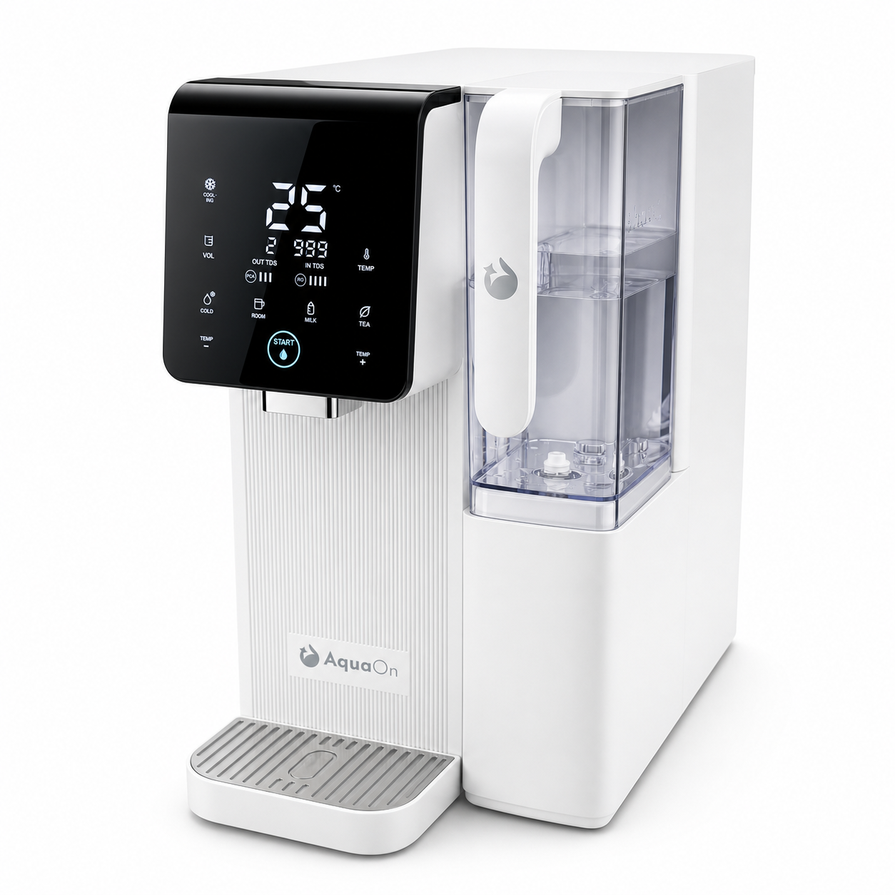 Aquaon Aq100 countertop water filter  with digital display on a white background