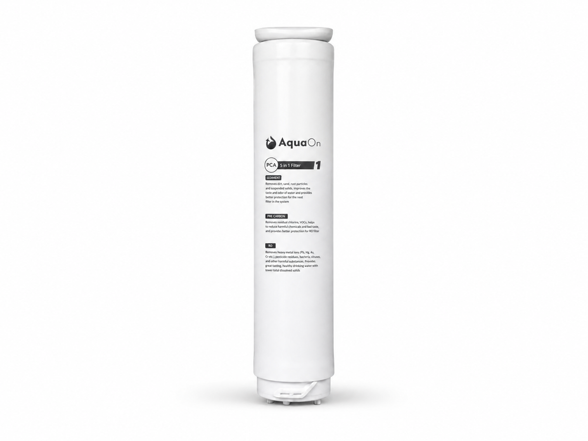 White water filter cartridge with AquaOn branding on a white background