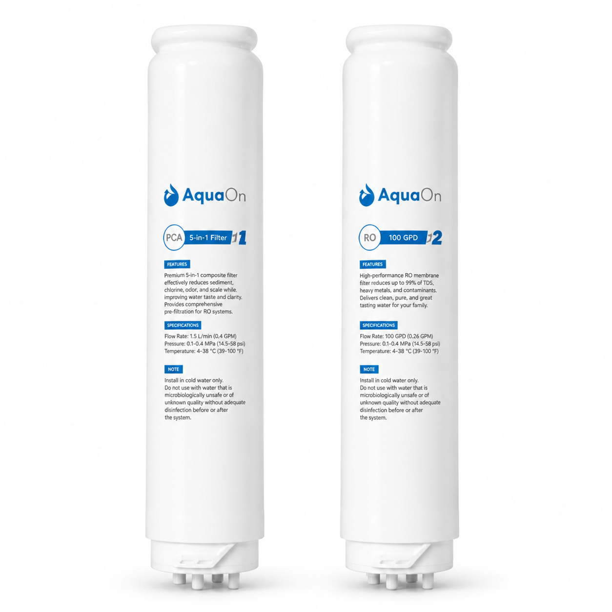 Two AquaOn water filter cartridges on a white background