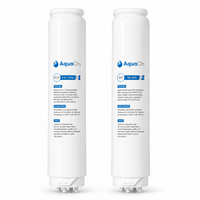Two AquaOn water filter cartridges on a white background