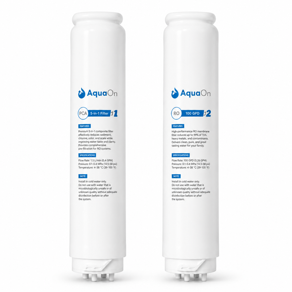Two AquaOn water filter cartridges on a white background