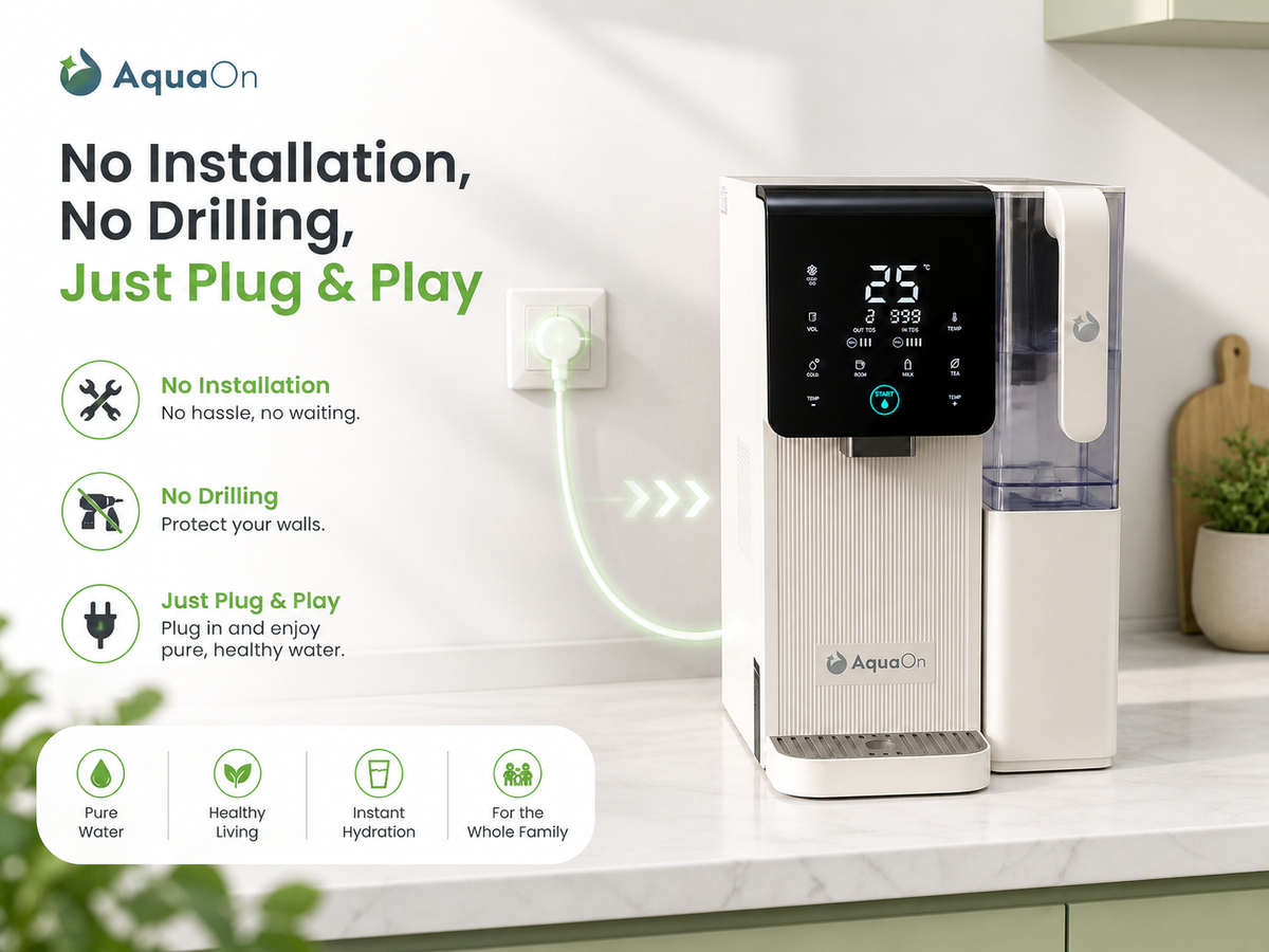 Aquaon Aq100 countertop water filter on a kitchen counter with installation benefits displayed.